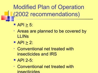  API > 5:
• Areas are planned to be covered by
LLINs
 API > 2:
• Conventional net treated with
insecticides and IRS
 API 2-5:
• Conventional net treated with
Modified Plan of Operation
(2002 recommendations)
 