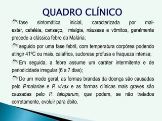 QUADRO CLÍNICO
fase sintomática inicial, caracterizada por mal-
estar, cefaléia, cansaço, mialgia, náuseas e vômitos, geralmente
precede a clássica febre da Malária;
seguido por uma fase febril, com temperatura corpórea podendo
atingir 41ºC ou mais, calafrios, sudorese profusa e fraqueza intensa;
Em seguida, a febre assume um caráter intermitente e de
periodicidade irregular (6 a 7 dias);
De um modo geral, as formas brandas da doença são causadas
pelo P.malariae e P. vivax e as formas clínicas mais graves são
causadas pelo P. falciparum, que podem, se não tratados
corretamente, evoluir para óbito.
 