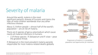 Severity of malaria
Around the world, malaria is the most
significant parasitic disease of humans and claims the
lives of more children worldwide than any other
infectious disease.
About 3.2 billion people – almost half of the world’s
population – are at risk of malaria.
There are 6 species of genus plasmodium which cause
nearly all malarial infections in humans.
• 2 of these species –P. falciparum and P. vivax – pose
the greatest threat.
P. falciparum is the most prevalent malaria parasite
responsible for most malaria-related deaths globally.
Progression of malaria in a susceptible
population and opportunities for treatment.
 