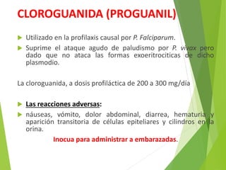 CLOROGUANIDA (PROGUANIL)
 Utilizado en la profilaxis causal por P. Falciparum.
 Suprime el ataque agudo de paludismo por P. vivax pero
dado que no ataca las formas exoeritrociticas de dicho
plasmodio.
La cloroguanida, a dosis profiláctica de 200 a 300 mg/día
 Las reacciones adversas:
 náuseas, vómito, dolor abdominal, diarrea, hematuria y
aparición transitoria de células epiteliares y cilindros en la
orina.
Inocua para administrar a embarazadas.
 