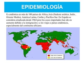 EPIDEMIOLOGÍA
Es endémica en más de 100 países de Africa,Asia (Sudeste asiático, India ,
Oriente Medio), América Latina, Caribe y Pacífico Sur. En España se
considera erradicada desde 1964 pero los casos importados han ido en
aumento debido a la inmigración y a los viajes a países endémicos,
especialmente del continente africano.
 