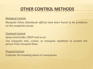 OTHER CONTROL METHODS
Biological Control
Mosquito fishes (Gambusia affinis) have been found to be predatory
on the anopheles larvae.
Chemical Control
Spray insecticides: DDVP and so on.
Use mosquito nets, screen, or mosquito repellents to protect the
person from mosquito bites.
Physical Control:
Eradicate the breeding places of mosquitoes.
 