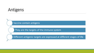 Antigens
Vaccine contain antigens
They are the targets of the immune system
Different antigenic targets are expressed at different stages of life
 