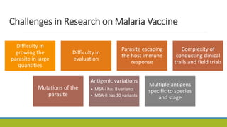 Challenges in Research on Malaria Vaccine
Difficulty in
growing the
parasite in large
quantities
Difficulty in
evaluation
Parasite escaping
the host immune
response
Complexity of
conducting clinical
trails and field trials
Mutations of the
parasite
Antigenic variations
• MSA-I has 8 variants
• MSA-II has 10 variants
Multiple antigens
specific to species
and stage
 