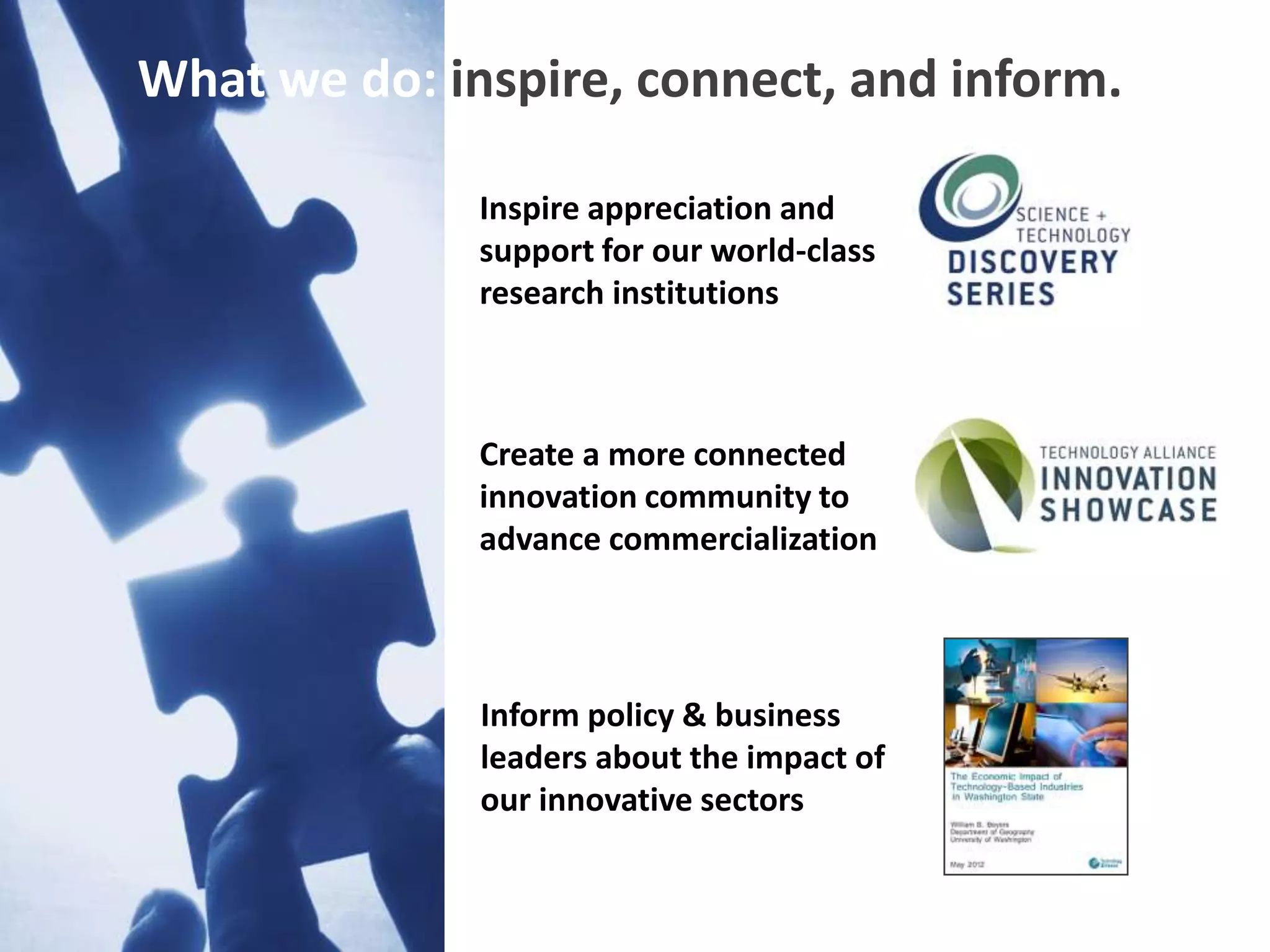 What we do: inspire, connect, and inform.

              Inspire appreciation and
              support for our world-class
              research institutions



              Create a more connected
              innovation community to
              advance commercialization



              Inform policy & business
              leaders about the impact of
              our innovative sectors
 