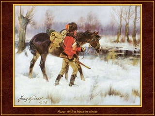 Huzar with a horse in winter