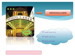 SWISSINN KUALALUMPUR
$ 333  Simple rooms: $ 120
 double room :$ 145
 family room: $206
 