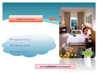 $ 681
Holiday Inn Glennmarie
 Simple rooms:$ 118,79
 double room : $125,68
 executive suit: $ 301,29
www.holidayinn.com/espanol
 