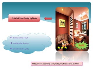 $ 468
FirstWorldHotel,GentingHighlands
 Simple rooms: $119,81
 double room :$ 126,75
 executive suit: $ 336,85
http://www.booking.com/hotel/my/first-world.es.html
 