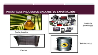 PRINCIPALES PRODUCTOS MALAYOS DE EXPORTACIÓN
Aceite de palma
Caucho
Productos
electrónicos
Petróleo crudo
 