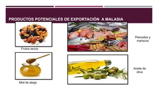 PRODUCTOS POTENCIALES DE EXPORTACIÓN A MALASIA
Frutos secos
Miel de abeja
Pescados y
mariscos
Aceite de
oliva
 