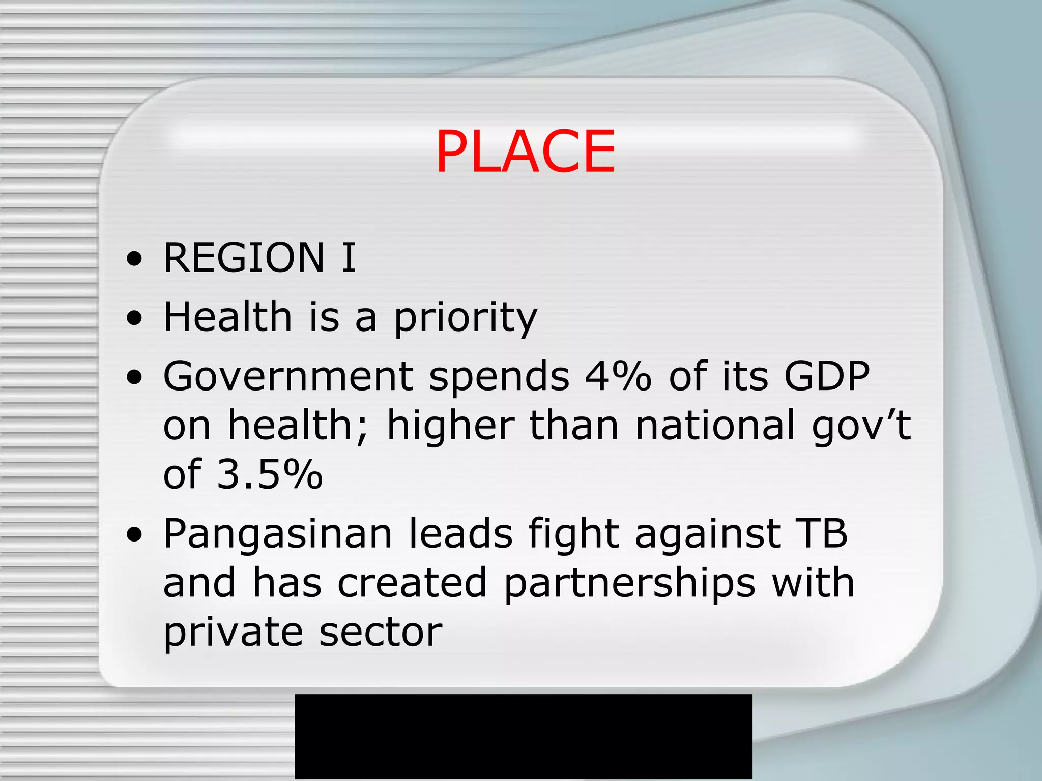 PLACE REGION I Health is a priority Government spends 4% of its GDP on health; higher than national gov’t of 3.5% Pangasinan leads fight against TB and has created partnerships with private sector 