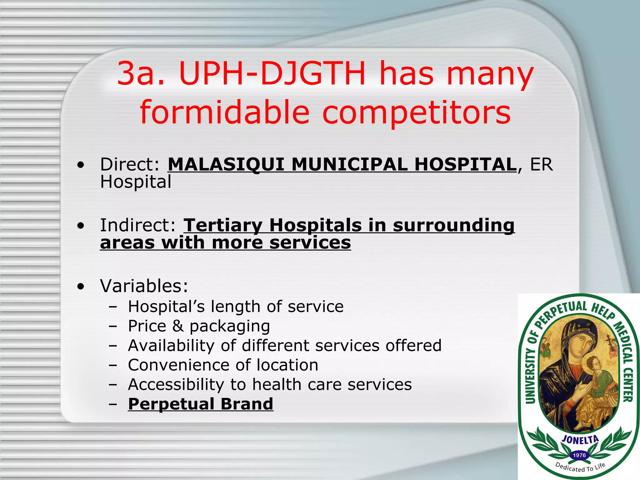 3a. UPH-DJGTH has many formidable competitors Direct:  MALASIQUI MUNICIPAL HOSPITAL , ER Hospital  Indirect:  Tertiary Hospitals in surrounding areas with more services Variables:  Hospital’s length of service Price & packaging Availability of different services offered Convenience of location Accessibility to health care services Perpetual Brand 