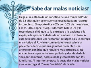 Llega el resultado de un cariotipo de una mujer G2P0A2
de 33 años quien se encuentra hospitalizada por aborto
incompleto. El reporte dice 46XY con 10% de mosaicismo
( sens. 90%, Espec. 85%). El docente G/O lo lee y le
recomienda al R3 que se lo entregue a la paciente y le
explique las probabilidades de un embarazo exitoso. A
este se le presenta una “cesárea” de urgencia y le entrega
el cariotipo al R1 y le encomienda entregárselo a la
paciente y decirle que sus gametos presentan una
alteracion genética que requiere más estudios. El R1
encuentra a la paciente acompañada y decide darle la
“misión” al interno, porque no le gusta hablar con los
familiares. Al interno tampoco le gusta dar malas noticias
y se lo entrega al E5 mas “sociable” de la sala...
 