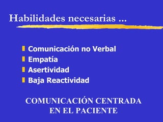 Habilidades necesarias ... Comunicación no Verbal Empatía Asertividad Baja Reactividad COMUNICACIÓN CENTRADA EN EL PACIENTE 