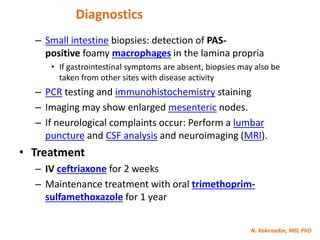 N. Kekenadze, MD, PhD
Diagnostics
– Small intestine biopsies: detection of PAS-
positive foamy macrophages in the lamina propria
• If gastrointestinal symptoms are absent, biopsies may also be
taken from other sites with disease activity
– PCR testing and immunohistochemistry staining
– Imaging may show enlarged mesenteric nodes.
– If neurological complaints occur: Perform a lumbar
puncture and CSF analysis and neuroimaging (MRI).
• Treatment
– IV ceftriaxone for 2 weeks
– Maintenance treatment with oral trimethoprim-
sulfamethoxazole for 1 year
 