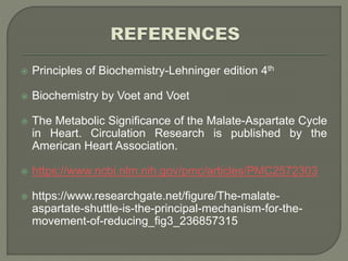  Principles of Biochemistry-Lehninger edition 4th
 Biochemistry by Voet and Voet
 The Metabolic Significance of the Malate-Aspartate Cycle
in Heart. Circulation Research is published by the
American Heart Association.
 https://www.ncbi.nlm.nih.gov/pmc/articles/PMC2572303
 https://www.researchgate.net/figure/The-malate-
aspartate-shuttle-is-the-principal-mechanism-for-the-
movement-of-reducing_fig3_236857315
 