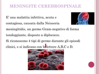 MENINGITE CEREBROSPINALE
E’ una malattia infettiva, acuta e
contagiosa, causata dalla Neisseria
meningitidis, un germe Gram-negativo di forma
tondeggiante, disposto a diplococco.
Si riconoscono 4 tipi di germe durante gli episodi
clinici, e si indicano con le lettere A,B,C e D.
 