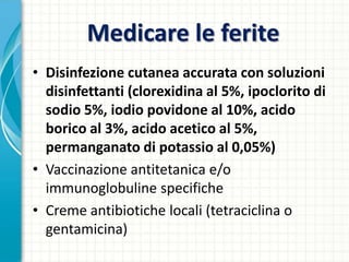 Medicare le ferite
• Disinfezione cutanea accurata con soluzioni
disinfettanti (clorexidina al 5%, ipoclorito di
sodio 5%, iodio povidone al 10%, acido
borico al 3%, acido acetico al 5%,
permanganato di potassio al 0,05%)
• Vaccinazione antitetanica e/o
immunoglobuline specifiche
• Creme antibiotiche locali (tetraciclina o
gentamicina)
 