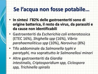Se l’acqua non fosse potabile…
• In sintesi l’82% delle gastroenteriti sono di
origine batterica, il resto da virus, da parassiti e
da cause non identificabili
• Gastroenteriti da Escherichia coli enterotossica
(ETEC 16%), Shighella spp (16%), Vibrio
parahaemoliticus spp (10%), Norovirus (8%)
• Tifo addominale da Salmonella typhi e
paratyphi, ma soprattutto le Salmonellosi minori
• Altre gastroenteriti da Giardia
intestinalis, Criptosporidium spp, Ciclospora
spp, Trichinella spiralis
 