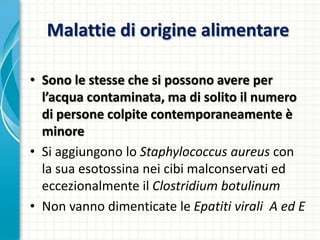 Malattie di origine alimentare
• Sono le stesse che si possono avere per
l’acqua contaminata, ma di solito il numero
di persone colpite contemporaneamente è
minore
• Si aggiungono lo Staphylococcus aureus con
la sua esotossina nei cibi malconservati ed
eccezionalmente il Clostridium botulinum
• Non vanno dimenticate le Epatiti virali A ed E
 