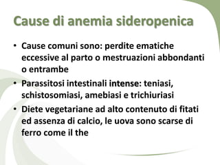 Cause di anemia sideropenica
• Cause comuni sono: perdite ematiche
  eccessive al parto o mestruazioni abbondanti
  o entrambe
• Parassitosi intestinali intense: teniasi,
  schistosomiasi, amebiasi e trichiuriasi
• Diete vegetariane ad alto contenuto di fitati
  ed assenza di calcio, le uova sono scarse di
  ferro come il the
 
