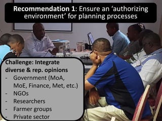 Recommendation 1: Ensure an ‘authorizing
environment’ for planning processes
Challenge: Integrate
diverse & rep. opinions
...
