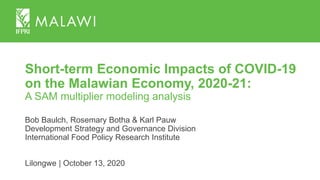Short-term Economic Impacts of COVID-19
on the Malawian Economy, 2020-21:
A SAM multiplier modeling analysis
Bob Baulch, Rosemary Botha & Karl Pauw
Development Strategy and Governance Division
International Food Policy Research Institute
Lilongwe | October 13, 2020
 