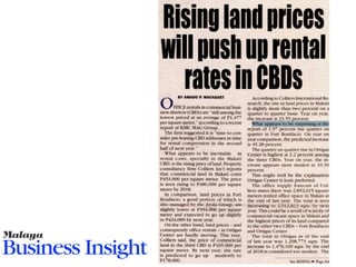 Rising land prices will push up rental rates in CBDs