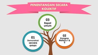 01
Demonstrasi
secara
aman
02
Kongres
Melayu I &
II
03
Rapat
umum
 