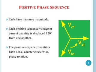 POSITIVE PHASE SEQUENCE
 Each have the same magnitude.
 Each positive sequence voltage or
current quantity is displaced 120°
from one another.
 The positive sequence quantities
have a-b-c, counter clock-wise,
phase rotation.
6
 