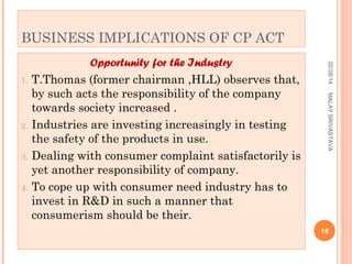 BUSINESS IMPLICATIONS OF CP ACT

3.

4.

MALAY SRIVASTAVA

2.

02/28/14

1.

Opportunity for the Industry
T.Thomas (former chairman ,HLL) observes that,
by such acts the responsibility of the company
towards society increased .
Industries are investing increasingly in testing
the safety of the products in use.
Dealing with consumer complaint satisfactorily is
yet another responsibility of company.
To cope up with consumer need industry has to
invest in R&D in such a manner that
consumerism should be their.

18

 
