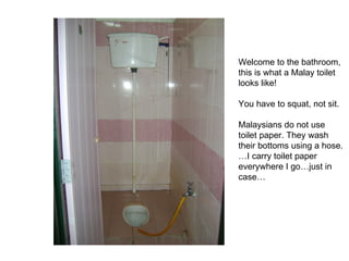 Welcome to the bathroom,  this is what a Malay toilet  looks like! You have to squat, not sit. Malaysians do not use toilet paper. They wash their bottoms using a hose. …I carry toilet paper everywhere I go…just in case… 