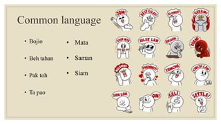 • Bojio
• Beh tahan
• Pak toh
• Ta pao
Common language
• Mata
• Saman
• Siam
 
