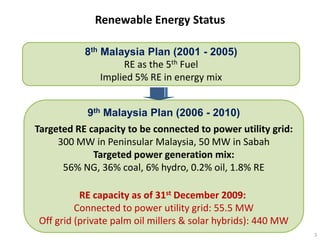 Renewable Energy Status

           8th Malaysia Plan (2001 - 2005)
                    RE as the 5th Fuel
               Implied 5% RE in energy mix


            9th Malaysia Plan (2006 - 2010)
Targeted RE capacity to be connected to power utility grid:
     300 MW in Peninsular Malaysia, 50 MW in Sabah
             Targeted power generation mix:
      56% NG, 36% coal, 6% hydro, 0.2% oil, 1.8% RE

          RE capacity as of 31st December 2009:
         Connected to power utility grid: 55.5 MW
Off grid (private palm oil millers & solar hybrids): 440 MW
                                                              5
 