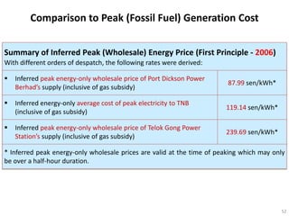 Comparison to Peak (Fossil Fuel) Generation Cost


Summary of Inferred Peak (Wholesale) Energy Price (First Principle - 2006)
With different orders of despatch, the following rates were derived:

   Inferred peak energy-only wholesale price of Port Dickson Power
                                                                         87.99 sen/kWh*
    Berhad’s supply (inclusive of gas subsidy)

   Inferred energy-only average cost of peak electricity to TNB
                                                                        119.14 sen/kWh*
    (inclusive of gas subsidy)

   Inferred peak energy-only wholesale price of Telok Gong Power
                                                                        239.69 sen/kWh*
    Station’s supply (inclusive of gas subsidy)

* Inferred peak energy-only wholesale prices are valid at the time of peaking which may only
be over a half-hour duration.




                                                                                          52
 