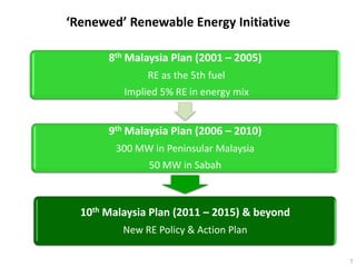 ‘Renewed’ Renewable Energy Initiative

       8th Malaysia Plan (2001 – 2005)
               RE as the 5th fuel
          Implied 5% RE in energy mix


       9th Malaysia Plan (2006 – 2010)
        300 MW in Peninsular Malaysia
               50 MW in Sabah



  10th Malaysia Plan (2011 – 2015) & beyond
          New RE Policy & Action Plan

                                              7
 
