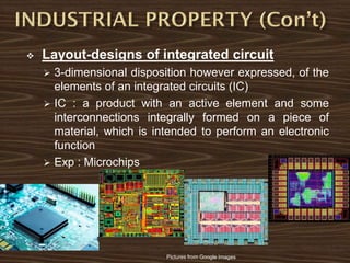  Layout-designs of integrated circuit
 3-dimensional disposition however expressed, of the
elements of an integrated circuits (IC)
 IC : a product with an active element and some
interconnections integrally formed on a piece of
material, which is intended to perform an electronic
function
 Exp : Microchips
Pictures from Google Images
 