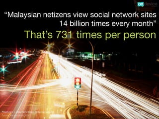 “Malaysian netizens view social network sites
14 billion times every month”

That’s 731 times per person

Source: We are Social (2014)

 