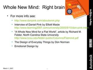 Whole New Mind:  Right brain economy For more info see: http://www.danpink.com/aboutwnm.php   Interview of Daniel Pink by Elliott Masie  http://www.learning2007.com/university/2005/8/10/dan-pink-interview-a-whole-mind-audio-podcast-text-transcript-new.html “ A Whole New Mind for a Flat World”, article by Richard M. Felder, North Carolina State University  http://www.ncsu.edu/felder-public/Columns/Flatmind.pdf   The Design of Everyday Things by Don Norman Emotional Design by  