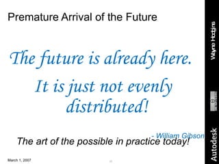 Premature Arrival of the Future The future is already here.  It is just not evenly distributed! - William Gibson The art of the possible in practice today! 