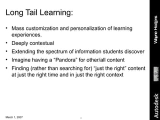 Long Tail Learning: Mass customization and personalization of learning experiences. Deeply contextual Extending the spectrum of information students discover Imagine having a “Pandora” for other/all content Finding (rather than searching for) “just the right” content at just the right time and in just the right context 