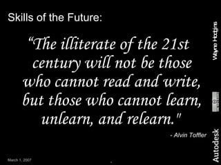 Skills of the Future: “ The illiterate of the 21st century will not be those who cannot read and write, but those who cannot learn, unlearn, and relearn."  - Alvin Toffler 