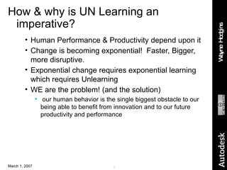 How & why is UN Learning an imperative? Human Performance & Productivity depend upon it Change is becoming exponential!  Faster, Bigger, more disruptive. Exponential change requires exponential learning which requires Unlearning WE are the problem! (and the solution) our human behavior is the single biggest obstacle to our being able to benefit from innovation and to our future productivity and performance 