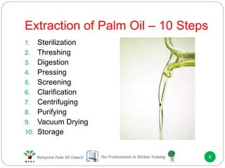 Extraction of Palm Oil – 10 Steps
6
1. Sterilization
2. Threshing
3. Digestion
4. Pressing
5. Screening
6. Clarification
7. Centrifuging
8. Purifying
9. Vacuum Drying
10. Storage
 