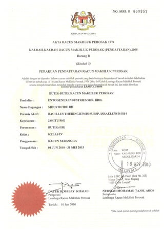 Malaysian Pestiside Board Registration Certicifate