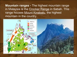 Mountain ranges -  The highest mountain range in Malaysia is the  Crocker Range  in Sabah. This range houses  Mount Kinabalu , the highest mountain in the country 