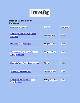 Singapore And Malaysia Tour
Package
Popular Malaysia Tour
Packages
Malaysia Tour Packages Duration Price (AED)
6Nights 7 Days 3,325
Malaysia Tour Packages 4 Nights 5 Days 1,579
Singapore And Malaysia
Tour Package
6 Nights 7 Days 3,325
Malaysia Tour From Kuala Lumpur 7 Days 2,165
Malaysia Langkawi Tour 5 Nights 6 Days 1,696
Singapore Malaysia Bali
Tour Package
10 Nights 11 Days 5,335
 
