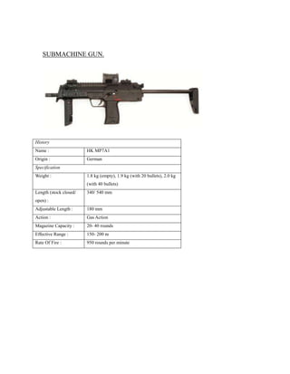 SUBMACHINE GUN.
History
Name : HK MP7A1
Origin : German
Specification
Weight : 1.8 kg (empty), 1.9 kg (with 20 bullets), 2.0 kg
(with 40 bullets)
Length (stock closed/
open) :
340/ 540 mm
Adjustable Length : 180 mm
Action : Gas Action
Magazine Capacity : 20- 40 rounds
Effective Range : 150- 200 m
Rate Of Fire : 950 rounds per minute
 