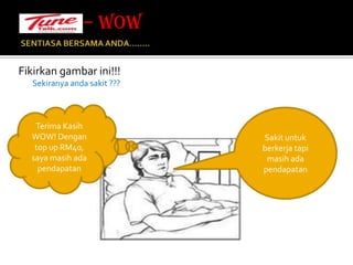 SENTIASA BERSAMA ANDA…….. – WOW Fikirkan gambar ini!!!        Sekiranya anda sakit ???Terima Kasih WOW! Dengan top up RM40, saya masih ada pendapatanSakit untuk berkerja tapi masih ada pendapatan
